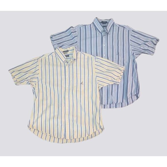 Vintage NAUTICA Lot of 2 Yellow / Blue Striped S/S Casual Fit 90s Shirts Large - Picture 1 of 8